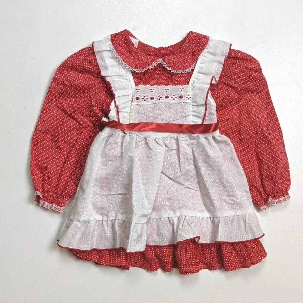 Vintage Evy Dress Girls Size 18m Red Polka Dot Pinny Christmas Holiday